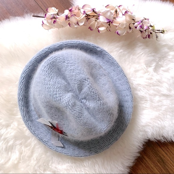 Vintage Ice-Blue Angora Knit Fedora Hat - Picture 1 of 12